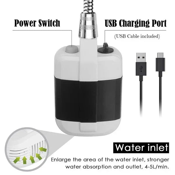 Hordozható zuhanyszivattyú – USB-n újratölthető, 4-5 L/perc, 1,5 m-es tömlő