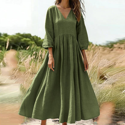 💃Női laza és kényelmes, V-nyakú, rakott hosszú ruha👗