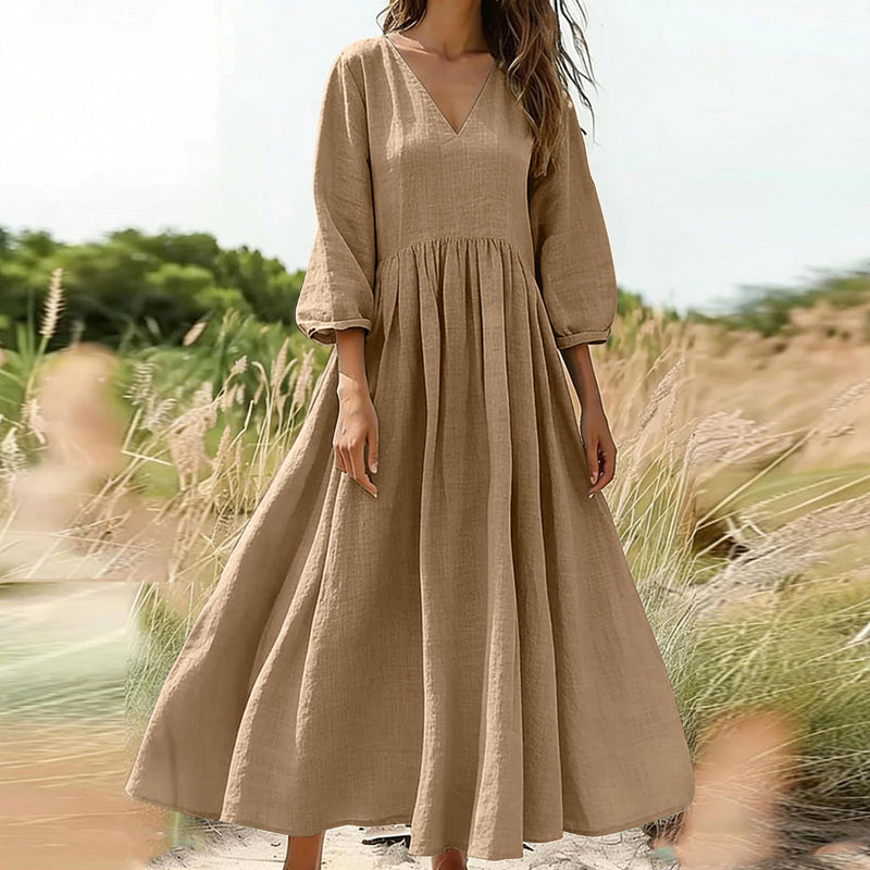 💃Női laza és kényelmes, V-nyakú, rakott hosszú ruha👗