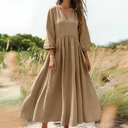 💃Női laza és kényelmes, V-nyakú, rakott hosszú ruha👗