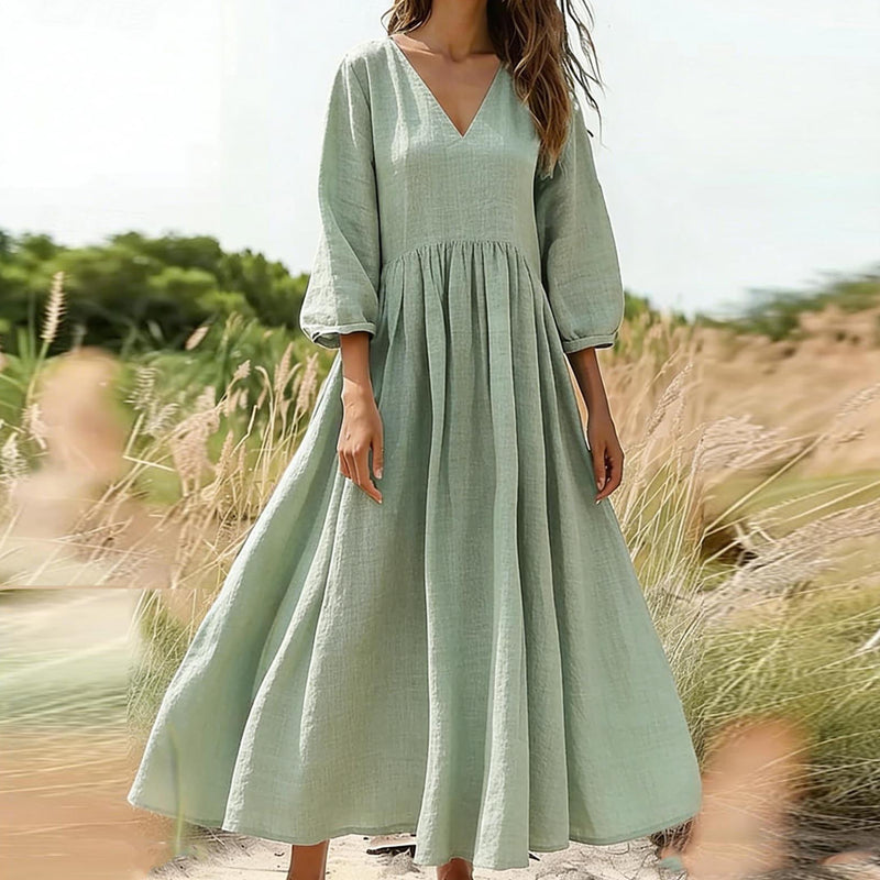 💃Női laza és kényelmes, V-nyakú, rakott hosszú ruha👗