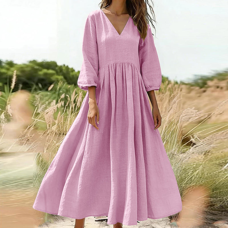 💃Női laza és kényelmes, V-nyakú, rakott hosszú ruha👗