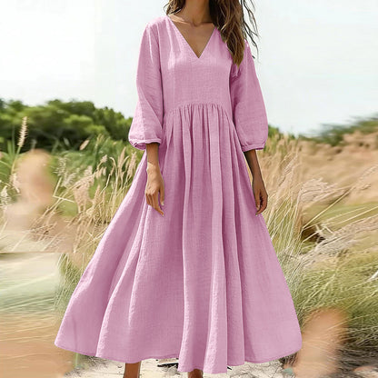 💃Női laza és kényelmes, V-nyakú, rakott hosszú ruha👗