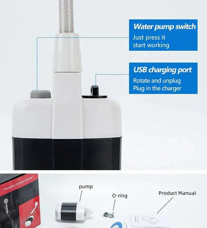 Hordozható zuhanyszivattyú – USB-n újratölthető, 4-5 L/perc, 1,5 m-es tömlő