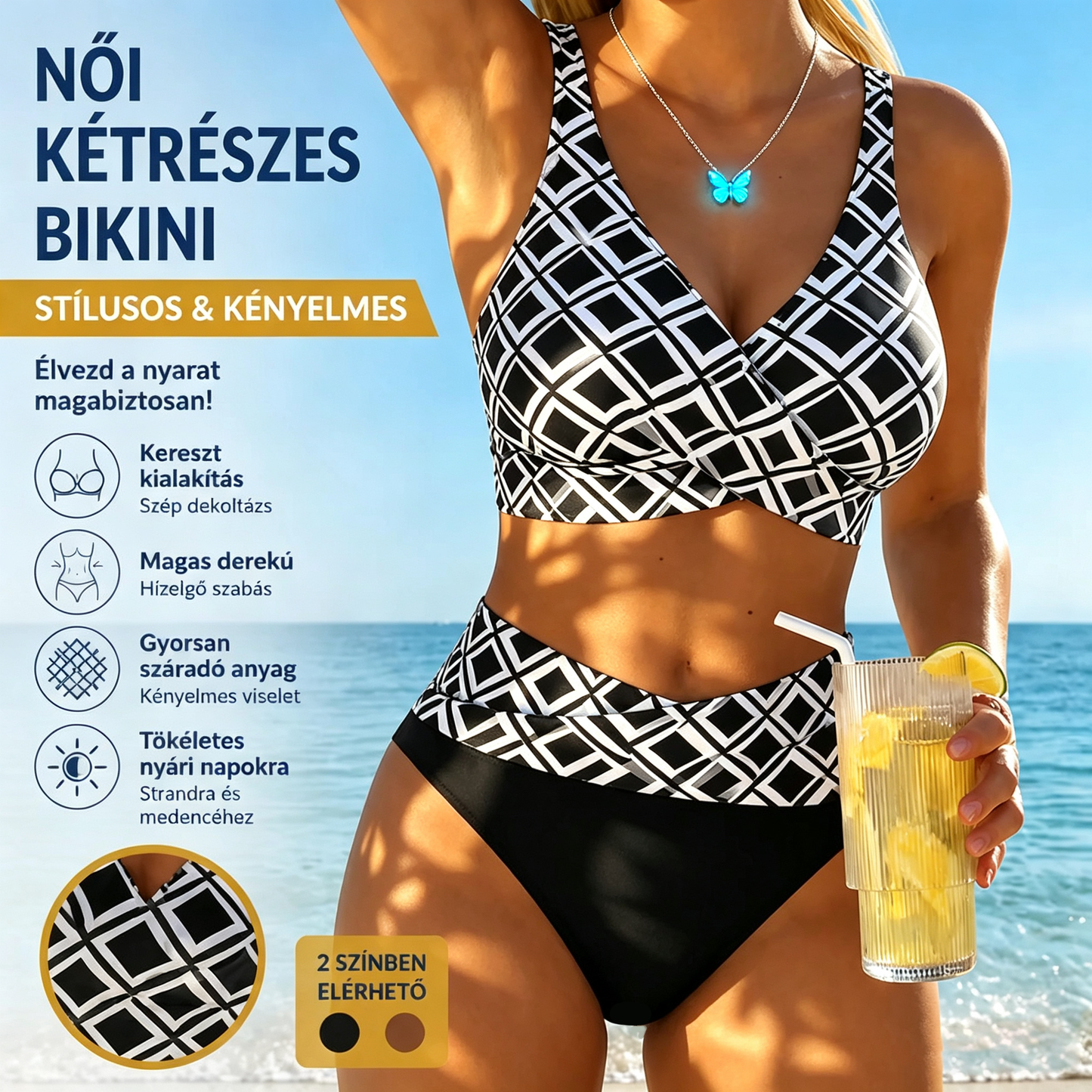👙 Női Kétrészes Fürdőruha – Magas Derékú Bikini Geometriai Mintával