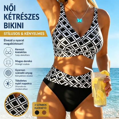 👙 Női Kétrészes Fürdőruha – Magas Derékú Bikini Geometriai Mintával
