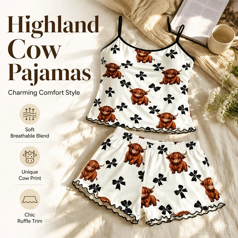 Highland Tehén Mintás Pántos Pizsama Szett – Nyári Könnyű Hálóruha