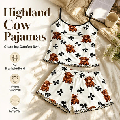 Highland Tehén Mintás Pántos Pizsama Szett – Nyári Könnyű Hálóruha