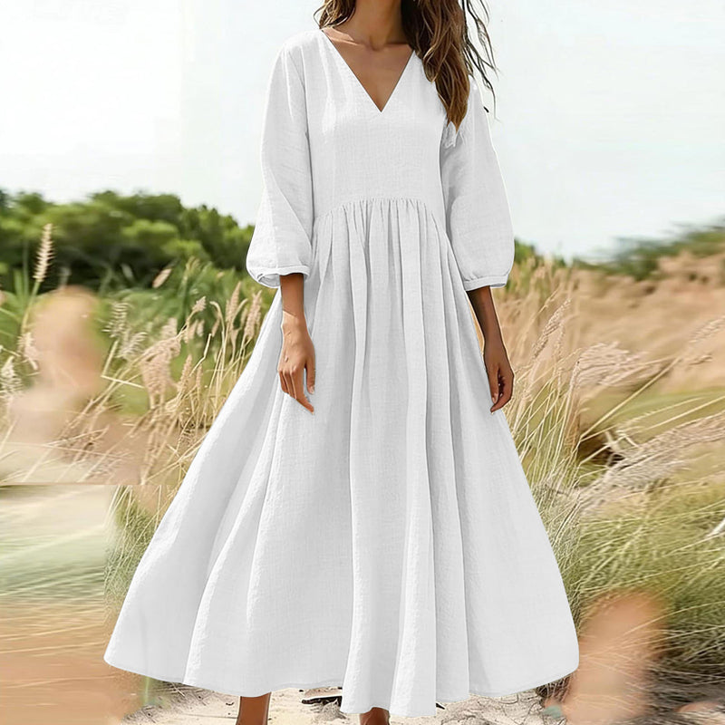 💃Női laza és kényelmes, V-nyakú, rakott hosszú ruha👗