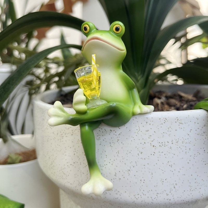 🐸 Aranyos Béka Dísz Virágcserép Szélére – Boros Pohárral