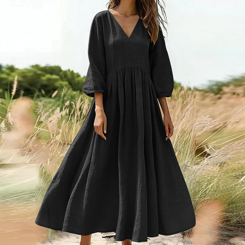 💃Női laza és kényelmes, V-nyakú, rakott hosszú ruha👗